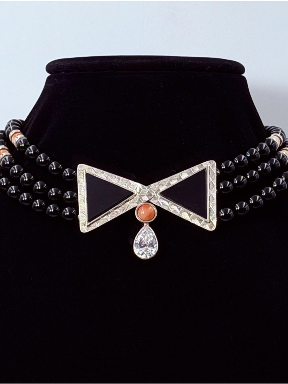 Sterling Silver Black Onyx Coral Beaded Vintage Necklace 14.5”
